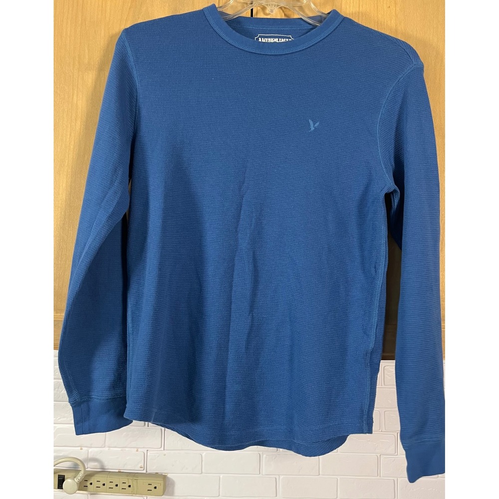 American Eagle Thermal Shirt Mens Small Blue Long Sleeve Waffle Knit Crewneck